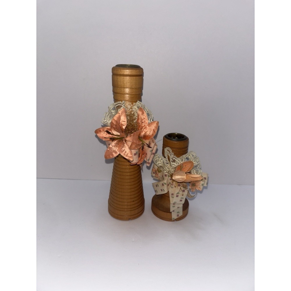 2 Vtg. Wooden Textile Mill Bobbin Spools Metal Ends Candle Holder Grandmacore